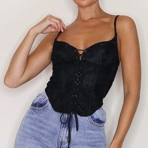 PrettyLittleThing Black Lace Tie Front Curved Hem Cropped Corset